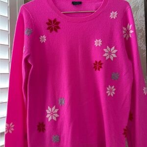 Talbots Bright Pink 100% cashmere Sweater with snowflakes